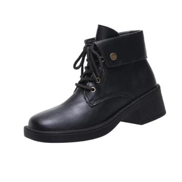 Imagem de Botas femininas modernas casuais de inverno estilo britânico cano curto com cadarço frontal salto grosso bico redondo para uso no tornozelo, Preto, 35
