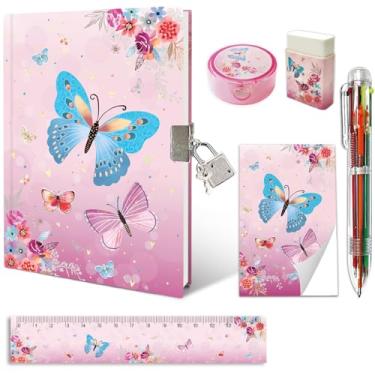 Imagem de Diário para meninas com cadeado, conjunto de papelaria infantil para adolescentes pré-escolares aprendendo a escrever desenho idade 6,8,10,12 anos borboleta presente com caderno bloco de notas seis réguas multicoloridas apontador de caneta apagador