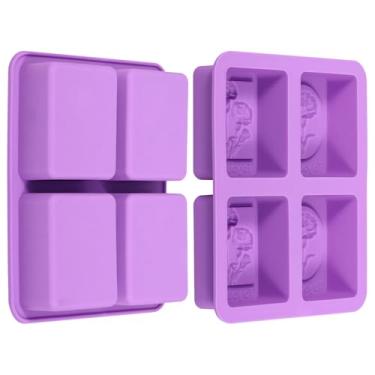 Imagem de 2 moldes de sabão de silicone, 4 moldes de silicone retangulares de cavidade, padrão de flor, ferramenta de fabricação de chocolate para sabonete artesanal, bombas de banho, vela, chocolate (roxo)