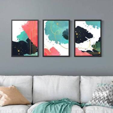 Imagem de Kit 3 Quadros Abstratos Coloridos 33X24 Com Vidro - Preta