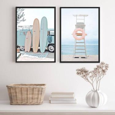 Imagem de Kit 2 Quadros Praia Kombi Surf 33x24cm - Vidro