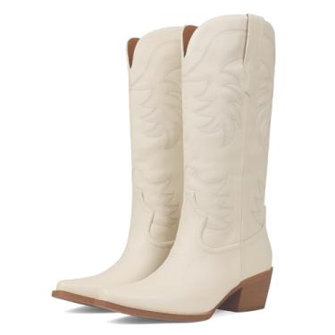 Imagem de Erocalli Bota feminina caubói de cano médio com bico fino, salto grosso, bota ocidental, 1 Bege, 38