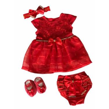 Imagem de Kit Vestido Calcinha Sapatinho Laço Roupa Bebe 0-6 meses 4pc - Lala Lu