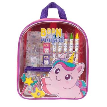 Imagem de Container Kids Kit Little Unicorn com Livro de Colorir 30 Páginas, Giz de Cera, Estojo, Régua e Borrachas, Mochila Rosa e Roxa, Material Didático para Crianças 3-6 Anos
