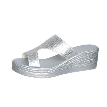 Imagem de Sandália feminina casual versátil salto plataforma bico redondo plus size para primavera verão confortável material PU, Prata, 38