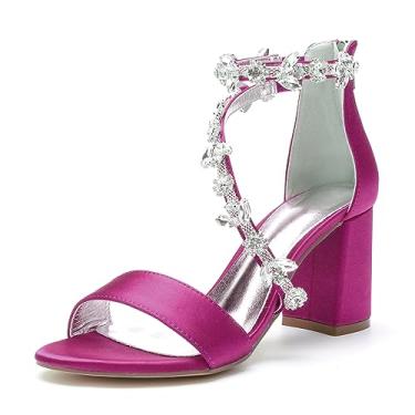 Imagem de Hyinlays Sandálias femininas de salto aberto, salto bloco, cristal grosso, para casamento, vestido de casamento, tira no tornozelo, sandália de formatura e festa, Fúcsia, 37