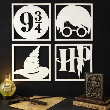 Imagem de Kit 4 Quadros Decoração Harry Potter Mdf 6mm de 20x20cm Cada Preto 3 C