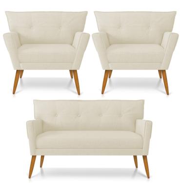 Imagem de Kit 01 Namoradeira 02 Lugares e 02 Poltronas Anitta Linho Areia A27 Pés Palito Castanho - D?Rossi