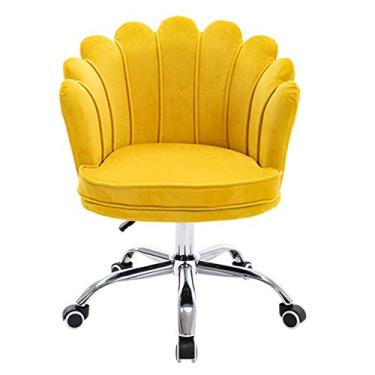 Imagem de Cadeira de escritório ergonômica de veludo amarelo com encosto médio – Cadeira de mesa giratória de 360° com altura ajustável para computador para móveis de escritório em casa