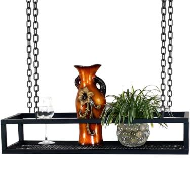 Imagem de Prateleira de teto industrial ajustável em altura, suporte para pendurar plantas e vasos de flores, suporte de copo de vinho para cozinha, bar, decoração de restaurante - 60 x 25 x 15 cm