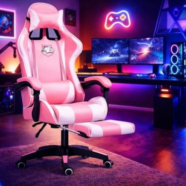 Imagem de Cadeira Gamer Ergonômica com Apoio para Pés, Reclinável, Design Esportivo com Suporte Lombar e Cervical (Branco e rosa)