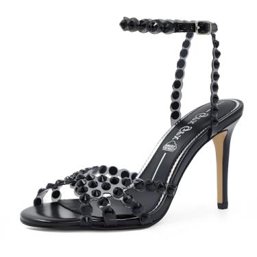 Imagem de GPXGPX Sandálias femininas de strass de salto alto com fivela de tiras transparentes, salto alto, bico redondo, sandálias elegantes e sexy, Preto, 37
