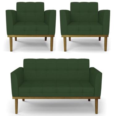 Imagem de Sofá Namoradeira E 2 Poltronas Base Madeira Castanho Ana Veludo Luxo Verde - Ibiza