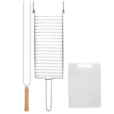 Imagem de Kit Preparo Churrasco 3pcs Churrasqueira Grelha Espeto Duplo 65cm e Ta