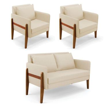 Imagem de Kit 1 Sofá Namoradeira E 2 Poltronas Lana Linho Bege A19 Base De Madeira - D'rossi
