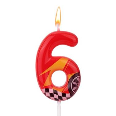 Imagem de Vela de aniversário temática de carros de corrida, vela vermelha com número de relâmpago, topo de bolo perfeito e artigos de decoração de aniversário e festa temática (número 6)