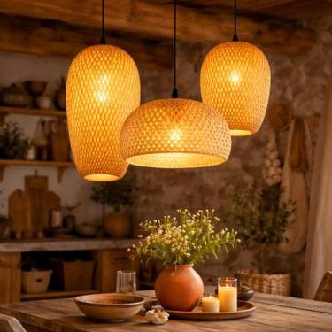 Imagem de Kit 3 Luminárias Teto 37cm 30cm 28cm Bambu Natural Artesanal Lustre Pe