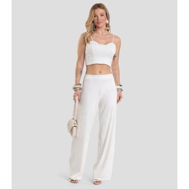 Imagem de Calça Pantalona Feminina Texturizada Fluída Dianna Bege, M, Bege