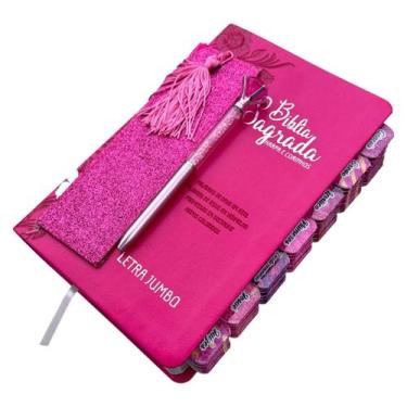 Imagem de Bíblia Sagrada Jumbo Feminina Floral Pink Full Color ARC com Harpa e A