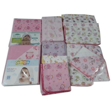 Imagem de Kit 20 Fraldas 2 Toalha Capuz 4 Cueiro 1 Travesseiro Menina