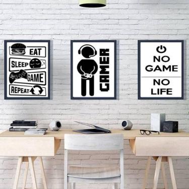 Imagem de Kit 3 Quadros Decorativos Gamer 45X34 C/Vidro Madeira Preta