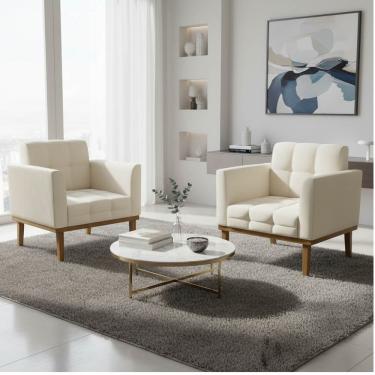 Imagem de Poltrona Sala Decorativa Kit 2 Elisa Base Madeira Castanho Cotelê Ext/Veludo Bege D03 - D'Rossi