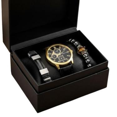 Imagem de Kit Relógio Masculino Dourado com Pulseiras Premium Moda - - anjo da m