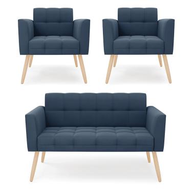 Imagem de Kit 1 Sofá Namoradeira e 2 Poltronas Elisa Suede Azul Marinho Pés Palito Natural D03 - D'Rossi