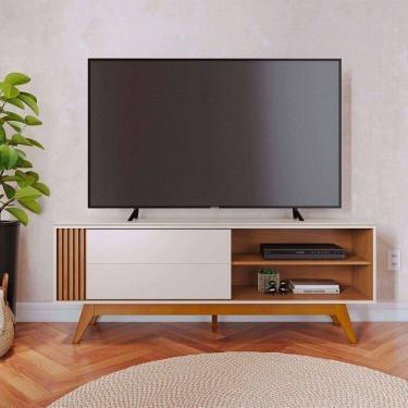 Imagem de Rack Bancada Otawa com Porta Deslizante e Mesa de Centro Jeri e Aparador Riviera Off White Matte / Freijó