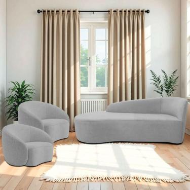 Imagem de Kit Divã Recamier Orgânico França 140cm Lado Esquerdo E 2 Poltronas Amore Linho Cinza Claro