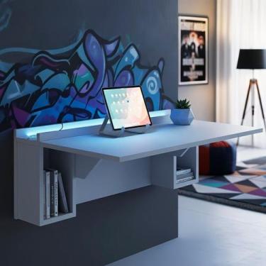 Imagem de Escrivaninha Mesa Dobrável com Nichos com Led Neon 78,5cm Branco - JPF