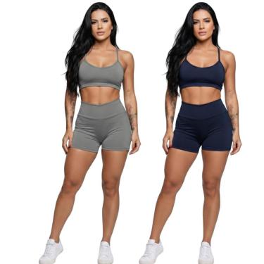 Imagem de KIT 2 Conjunto Top Alça Fina Sem Bojo e Short Suplex Vekyo Treino Academia Moda Fitness...