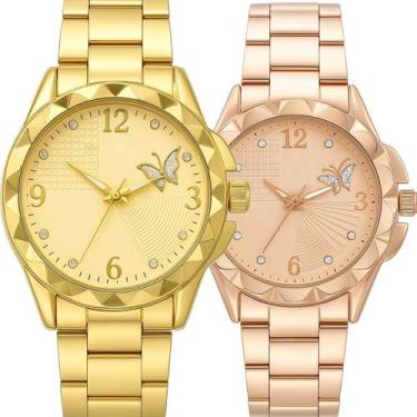 Imagem de Relogio aco inox rose + relogio feminino prova dagua dourado casual so