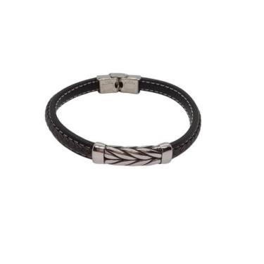 Imagem de Bracelete 20cm Couro Preto E Placa Trançada Couro E Aço - Rosso Design