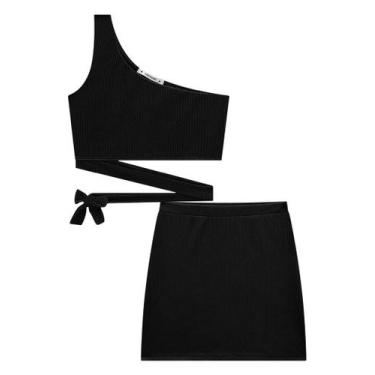 Imagem de Conjunto Roupa Infantil Saia + Top Blusa Cropped Uma Manga Poly Canela