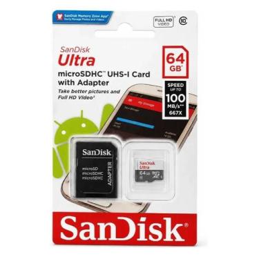 Imagem de SanDisk Ultra 64GB microSDHC UHS-I 100MB/s Classe 10 Full HD com Adapt