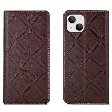Imagem de LAHappyL Capa carteira flip para iPhone 13 Pro Max/13 Pro/13/13 Mini capa protetora de couro legítimo com função de suporte para cartão, fecho magnético, marrom, 13 16,1 polegadas