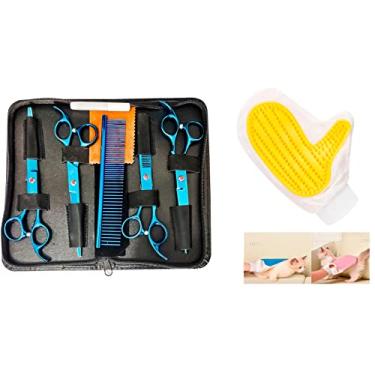 Imagem de Kit Tesoura Banho Tosa Apara Cão Gato Barbearia Cabeleireiro Semidentada Pente+ Luva Pente Massageadora e Rasqueadora