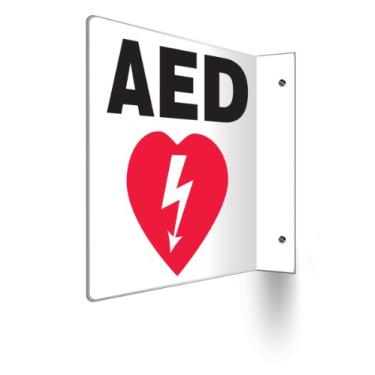 Imagem de Accuform Placa de projeção PSP708 90D, "AED" com gráfico, painel de 20,32 cm x 20,32 cm, plástico de alto impacto de 0,25 cm de espessura, orifícios de montagem pré-perfurados, vermelho/preto sobre branco