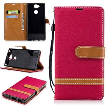 Imagem de Capa para celular com textura jeans combinando de cor para Sony Xperia XA2, com suporte e compartimentos para cartões, carteira e cordão (preto) mangas (cor: vermelha)