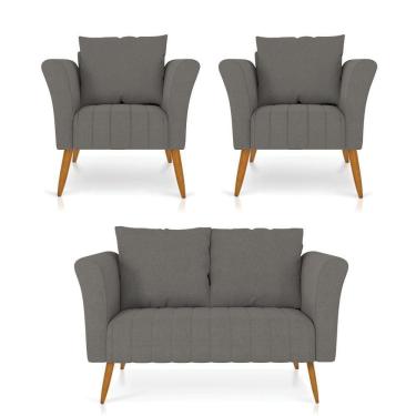 Imagem de Kit 01 Namoradeira 02 Lugares E 02 Poltronas Marilia Linho Grafite A26 Pés Palito Castanho - D`rossi