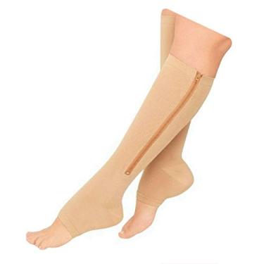 Imagem de Meias de compressão com zíper fácil da Presadee Kid's Edition, altura do joelho, energizam a circulação da perna, desempenho de suporte de fadiga, Bege, 2XL