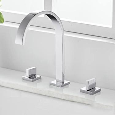 Imagem de Torneiras para pia de banheiro, torneiras de pia de banheiro quadradas montadas em latão preto polido, 3 furos com alça dupla para torneira de água quente e fria Torneira misturadora