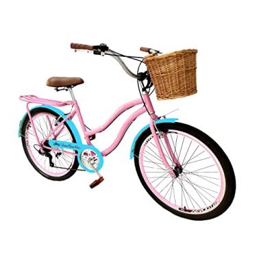 Imagem de Bicicleta feminina retrô aro 26 vime 6v garupa rosa c/azul