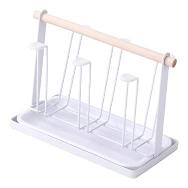 Imagem de Fenteer Suporte de copo de caneca de luxo 6 porta-copos cabide com bandeja organizador de cozinha prateleira de armazenamento de xícara de chá suporte de copo de vidro para garrafas canecas de xícara de café, branco