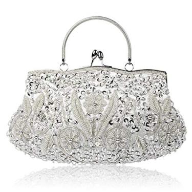 Imagem de Vistatroy Bolsa de noite de designer floral com contas design de lantejoulas vintage com fechadura de beijo de cetim bolsa clutch para festa de casamento, prata, tamanho único