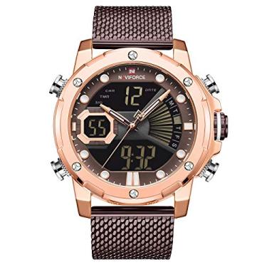 Imagem de NAVIFORCE Relógio de pulso masculino digital de aço inoxidável com pulseira de malha esportiva à prova d'água com alarme militar relógio de pulso duplo horário, Café ouro-rosa, Digital