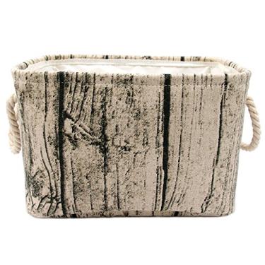 Imagem de Cesta de armazenamento retangular de grão de madeira com design de carimbo de árvore elegante Jacone, cesta de algodão lavável, cesto de berçário com alças de corda, decorativo e conveniente para quartos de crianças, Medium