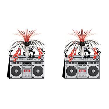 Imagem de Beistle Pacote com 2 peças centrais Boom Box, decorações de festa temática dos anos 80, decoração de mesa de festa musical de décadas, acessórios de festa hip hop para aniversário, 35,5 cm