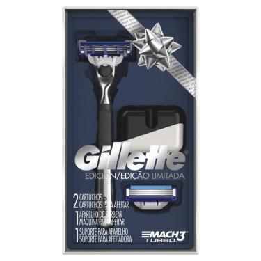 Imagem de Kit Aparelho de Barbear Gillette Mach 3 Turbo Edição Especial + 2 Cargas + Suporte